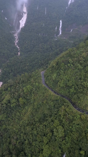 Vertical Aerial View of Nohsngithiang Seven Sisters Waterfalls, Sohra, Meghalaya