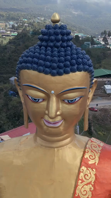Vertical Aerial View of Shakyamuni Buddha Statue at Golden Namgyal Lhatse Monastery, Tawang