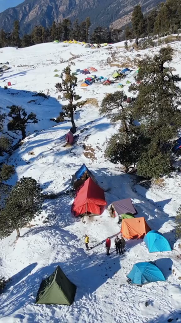 Vertical Aerial View of Snow Campsite at Brahmatal Trek Uttarakhand India