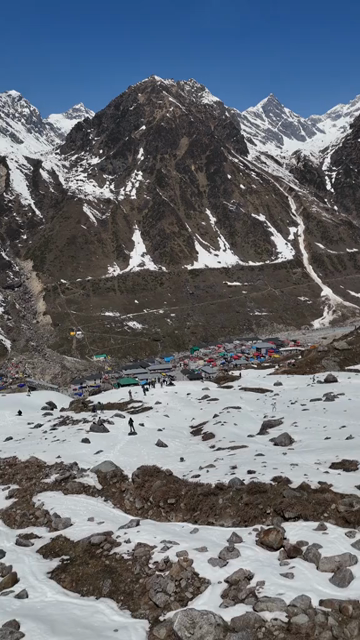 Vertical Aerial View of Snow Covered Kedarnath Mountains Uttarakhand India