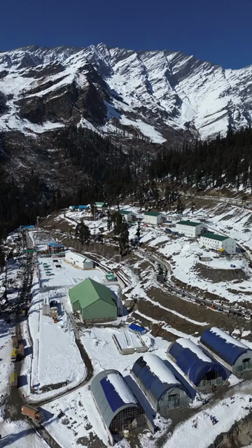Vertical Aerial View of Snow Covered Solang Valley Near Manali, India