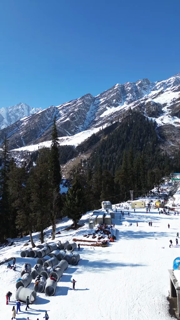 Vertical Aerial View of Snow Covered Solang Valley Near Manali, India