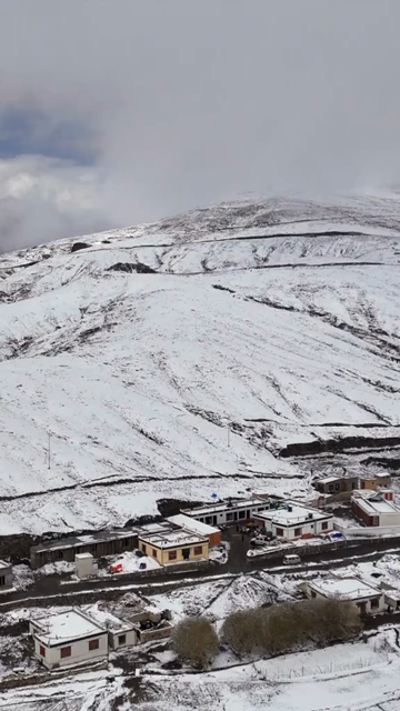 Vertical Aerial View of Snow Covered Village and Winter Landscape in Ladakh India