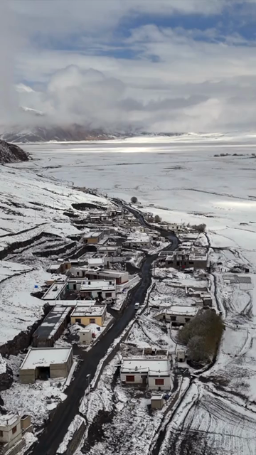 Vertical Aerial View of Snow Covered Village and Winter Landscape in Ladakh India