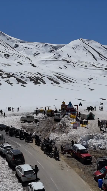 Vertical Aerial View of Snow Covered High Mountain Pass in Ladakh India