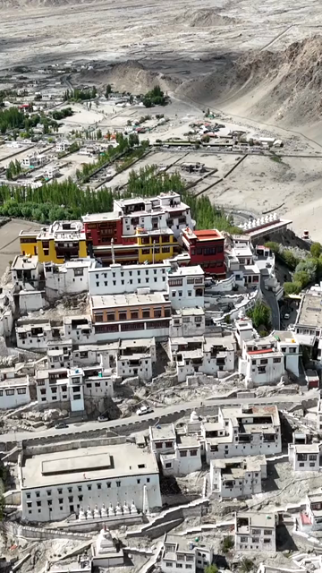 Vertical Aerial View of Spituk Monastery and Himalayan Landscape in Leh Ladakh India