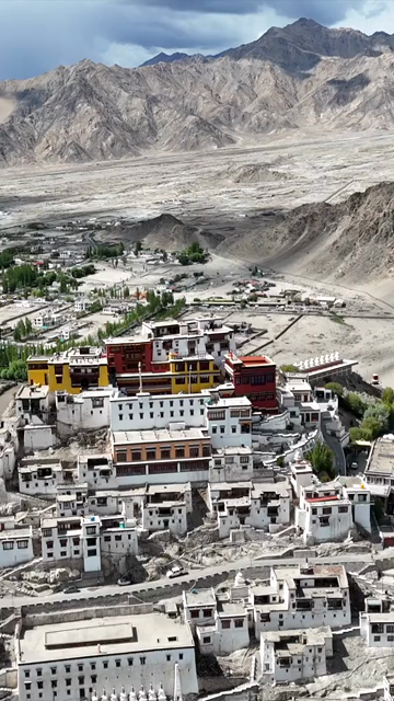 Vertical Aerial View of Spituk Monastery and Himalayan Landscape in Leh Ladakh India