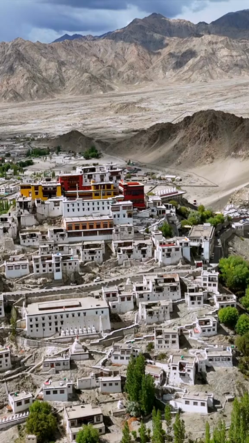 Vertical Aerial View of Spituk Monastery and Himalayan Landscape in Leh Ladakh India