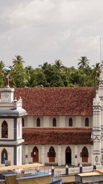 Vertical Aerial View of St. Mary’s Forane Church and Kerala Backwaters Pulinkunnu India