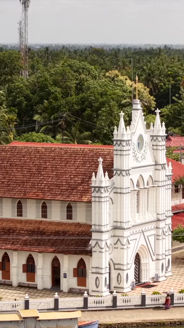 Vertical Aerial View of St. Mary’s Forane Church and Kerala Backwaters Pulinkunnu India