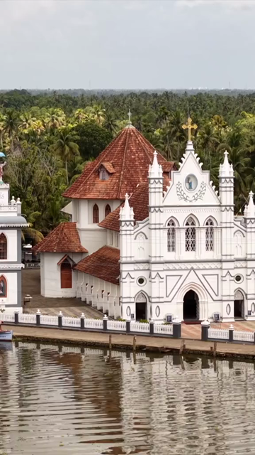 Vertical Aerial View of St. Mary’s Forane Church and Kerala Backwaters Pulinkunnu India