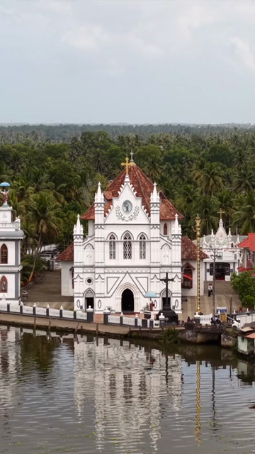 Vertical Aerial View of St. Mary’s Forane Church and Kerala Backwaters Pulinkunnu India