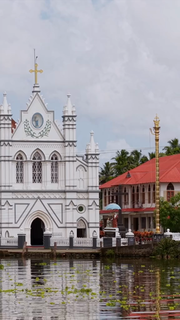 Vertical Aerial View of St. Mary’s Forane Church and Kerala Backwaters Pulinkunnu India