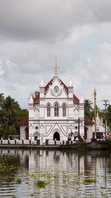 Vertical Aerial View of St. Mary’s Forane Church and Kerala Backwaters Pulinkunnu India