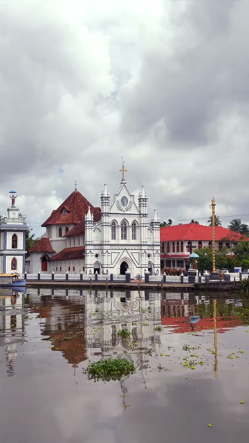 Vertical Aerial View of St. Mary’s Forane Church and Kerala Backwaters Pulinkunnu India