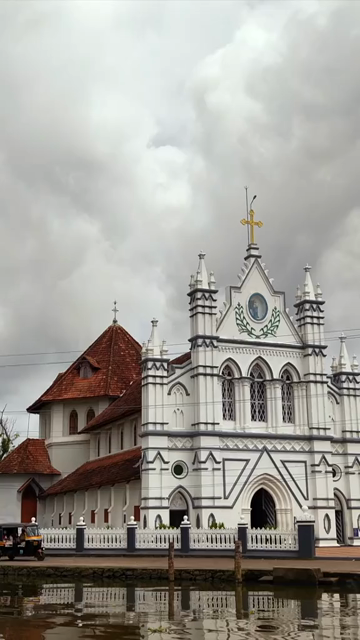 Vertical Aerial View of St. Mary’s Forane Church and Kerala Backwaters Pulinkunnu India