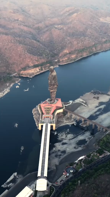Vertical Aerial View of Statue of Unity and Narmada River Gujarat