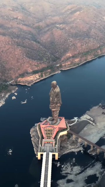 Vertical Aerial View of Statue of Unity and Narmada River Gujarat