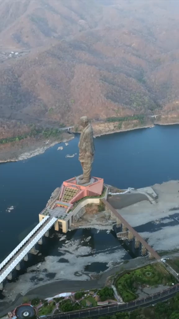 Vertical Aerial View of Statue of Unity and Narmada River Gujarat