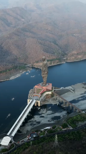 Vertical Aerial View of Statue of Unity and Narmada River Gujarat