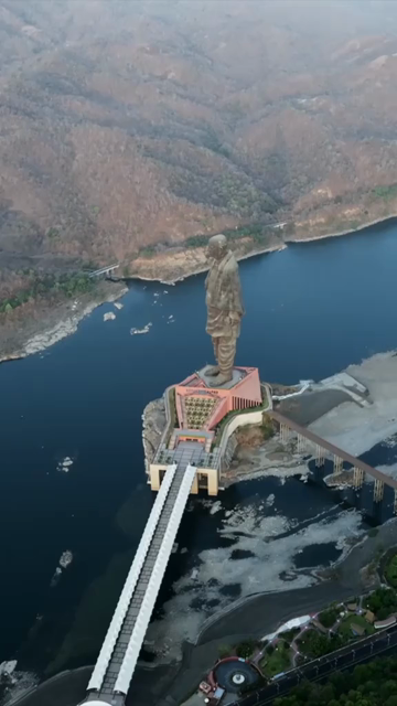 Vertical Aerial View of Statue of Unity and Narmada River Gujarat