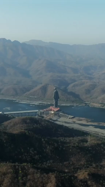 Vertical Aerial View of Statue of Unity and Narmada River Gujarat