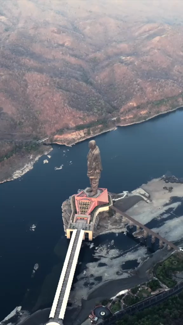 Vertical Aerial View of Statue of Unity and Narmada River Gujarat