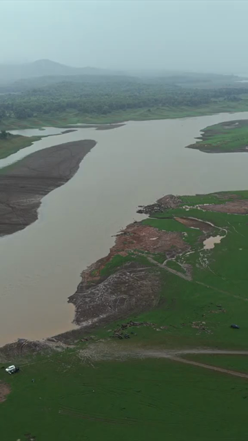 Vertical Aerial View of Tawa Reservoir and Satpura Landscape Madhya Pradesh India