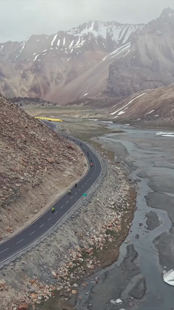 Vertical Aerial View of Tourist Bikers Riding Through Ladakh, India