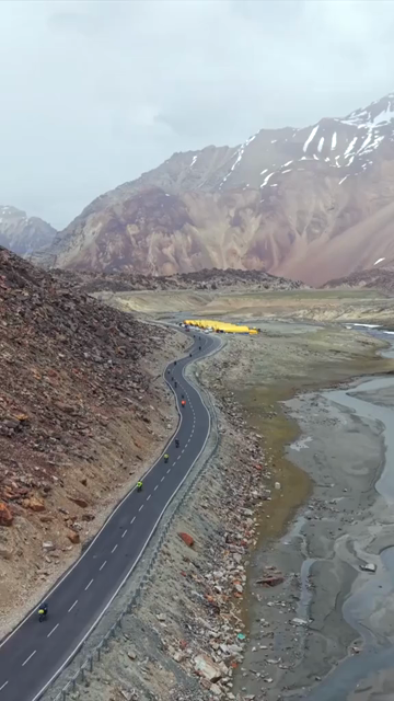 Vertical Aerial View of Tourist Bikers Riding Through Ladakh, India
