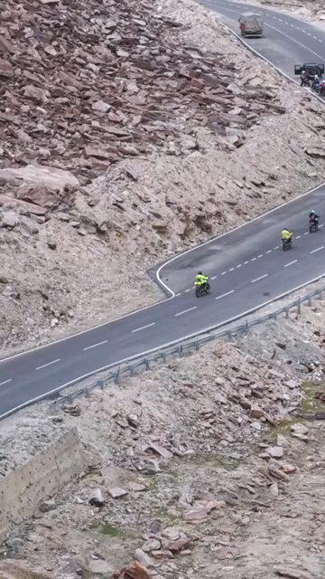 Vertical Aerial View of Tourist Bikers Riding Through Ladakh, India