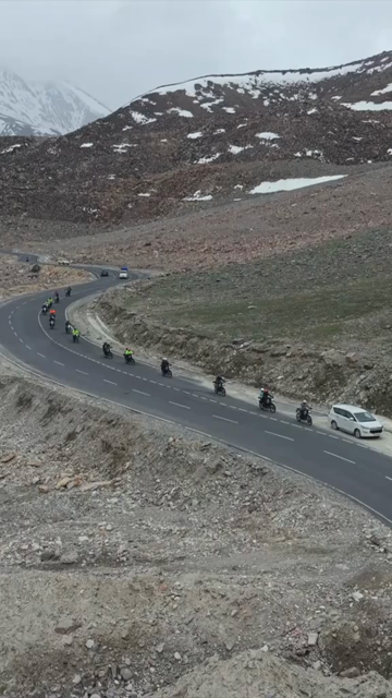 Vertical Aerial View of Tourist Bikers Riding Through Ladakh, India
