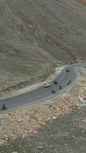 Vertical Aerial View of Tourist Bikers Riding Through Ladakh, India