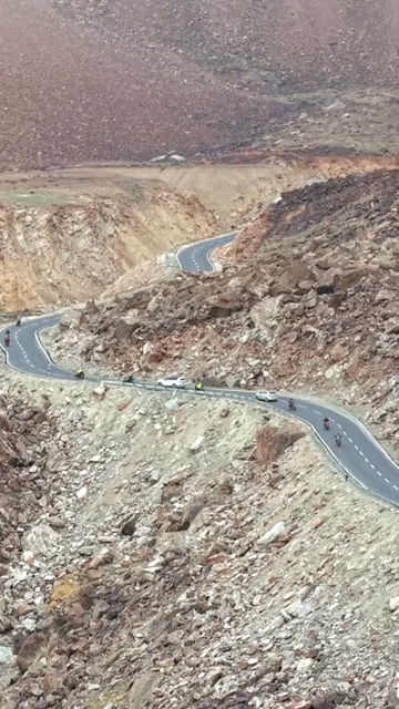 Vertical Aerial View of Tourist Bikers Riding Through Ladakh, India