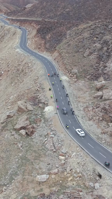 Vertical Aerial View of Tourist Bikers Riding Through Ladakh, India