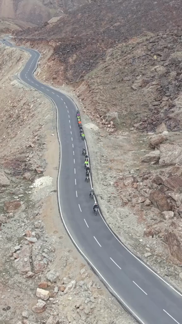 Vertical Aerial View of Tourist Bikers Riding Through Ladakh, India