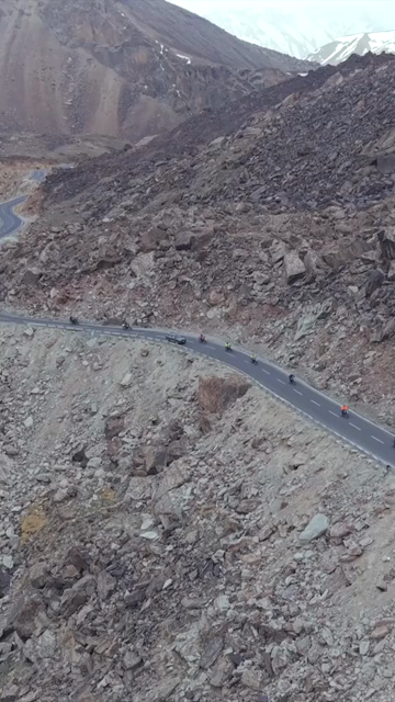 Vertical Aerial View of Tourist Bikers Riding Through Ladakh, India
