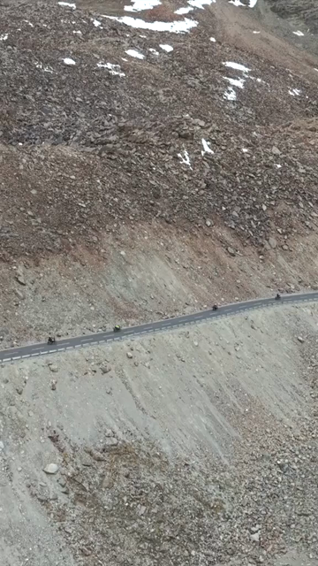 Vertical Aerial View of Tourist Bikers Riding Through Ladakh, India