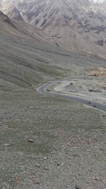 Vertical Aerial View of Tourist Bikers Riding Through Ladakh, India
