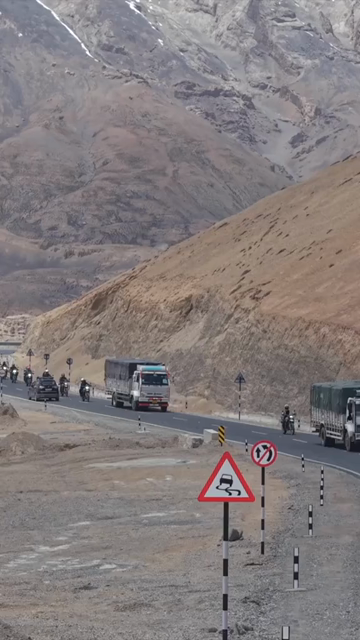 Vertical Aerial View of Tourist Bikers Riding Through Ladakh, India
