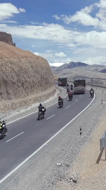 Vertical Aerial View of Tourist Bikers Riding Through Ladakh, India