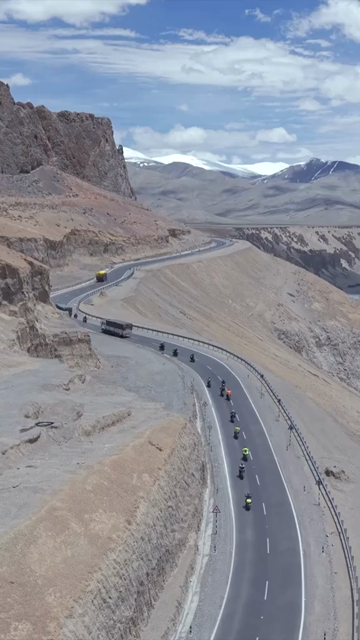 Vertical Aerial View of Tourist Bikers Riding Through Ladakh, India