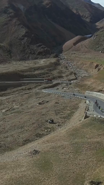 Vertical Aerial View of Tourist Bikers Riding Through Ladakh, India