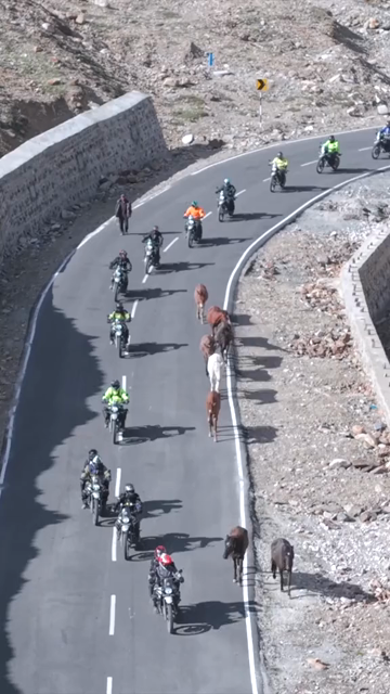 Vertical Aerial View of Tourist Bikers Riding Through Ladakh, India
