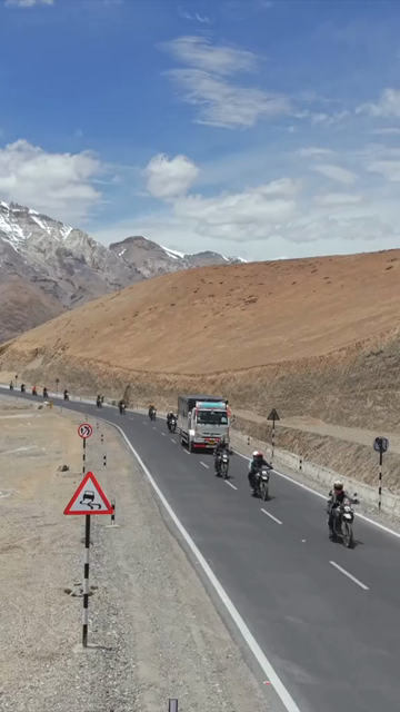Vertical Aerial View of Tourist Bikers Riding Through Ladakh, India
