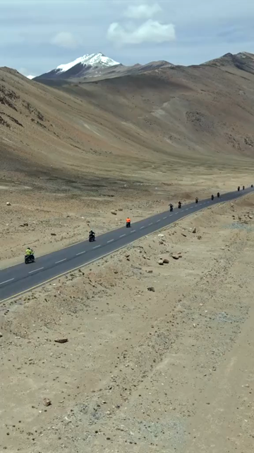 Vertical Aerial View of Tourist Bikers Riding Through Ladakh, India