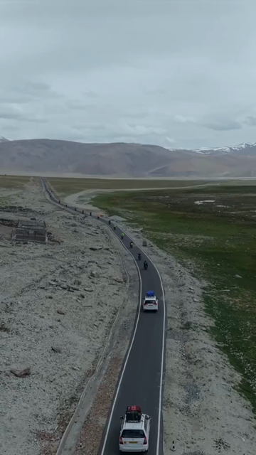 Vertical Aerial View of Tourist Bikers Riding Through Ladakh, India