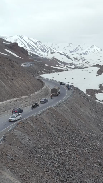 Vertical Aerial View of Tourist Bikers Riding Through Ladakh, India