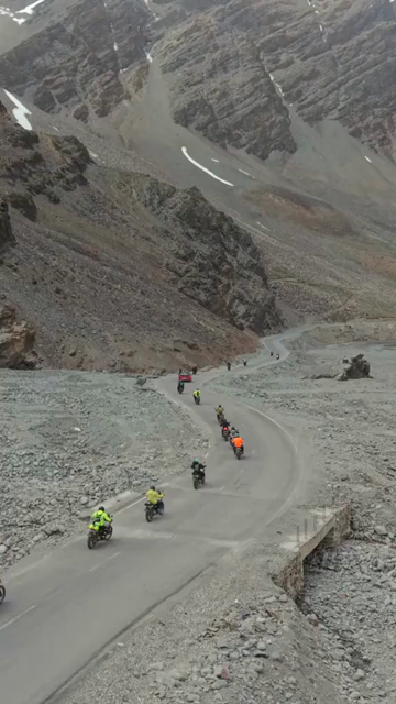 Vertical Aerial View of Tourist Bikers Riding Through Ladakh, India