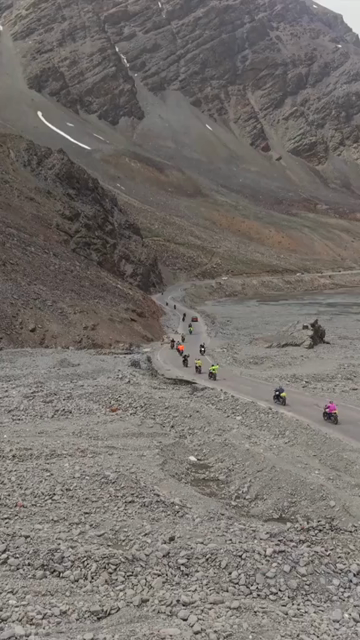 Vertical Aerial View of Tourist Bikers Riding Through Ladakh, India